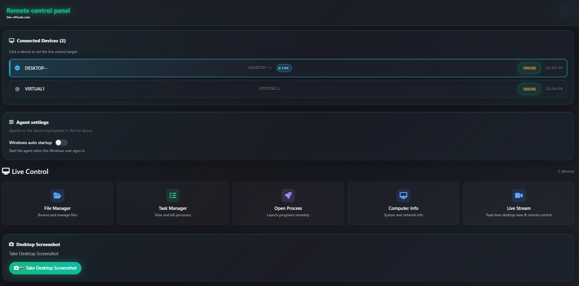 OffCode Web remote control system screenshot 1